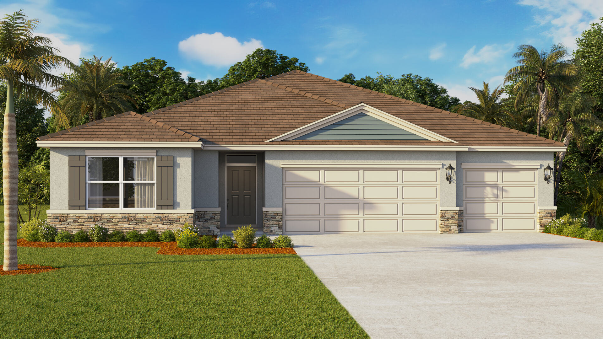 Single story new home with siding, covered porch and 3 car garage.