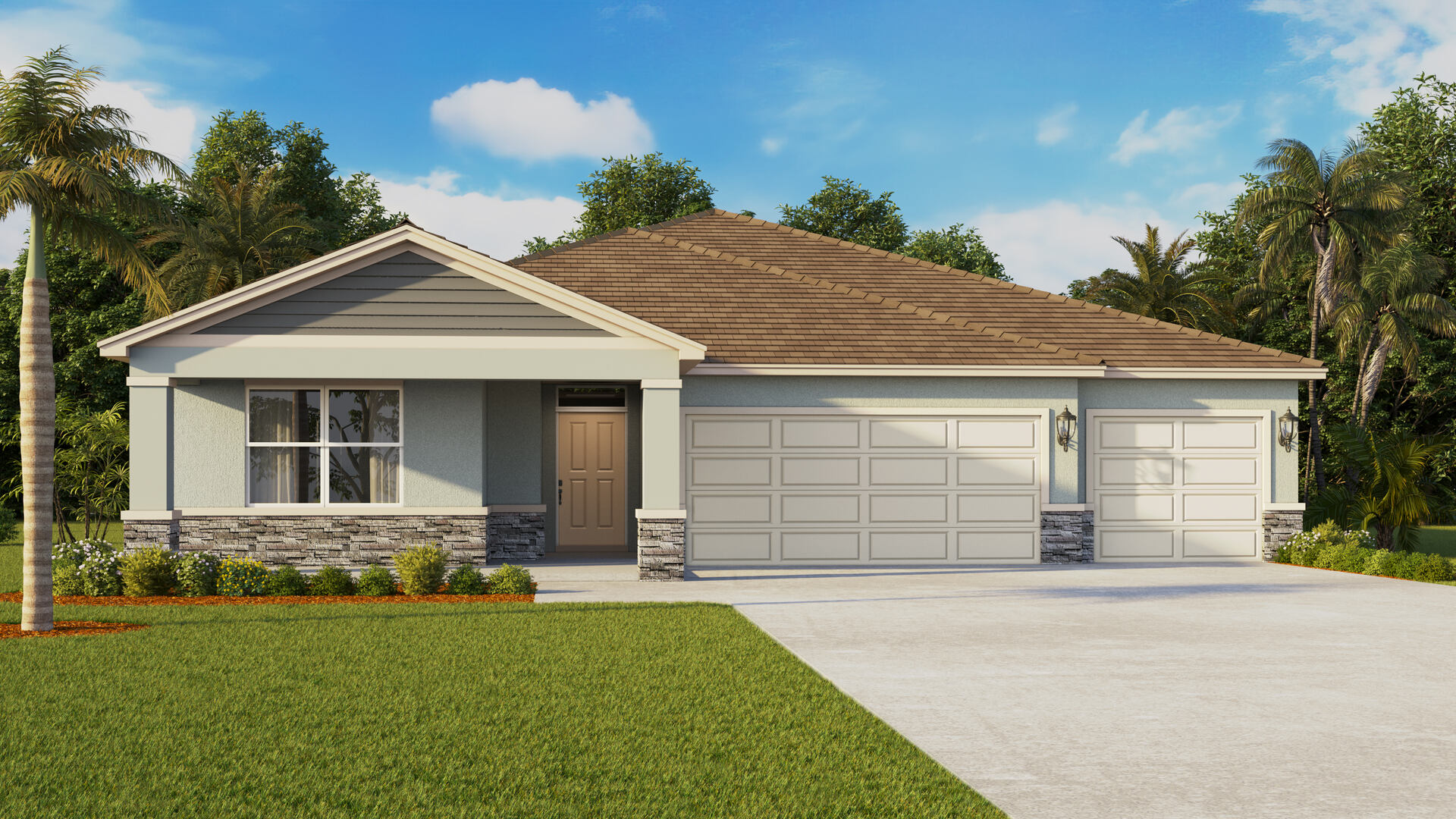 Single story new home with siding, covered porch and 3 car garage.