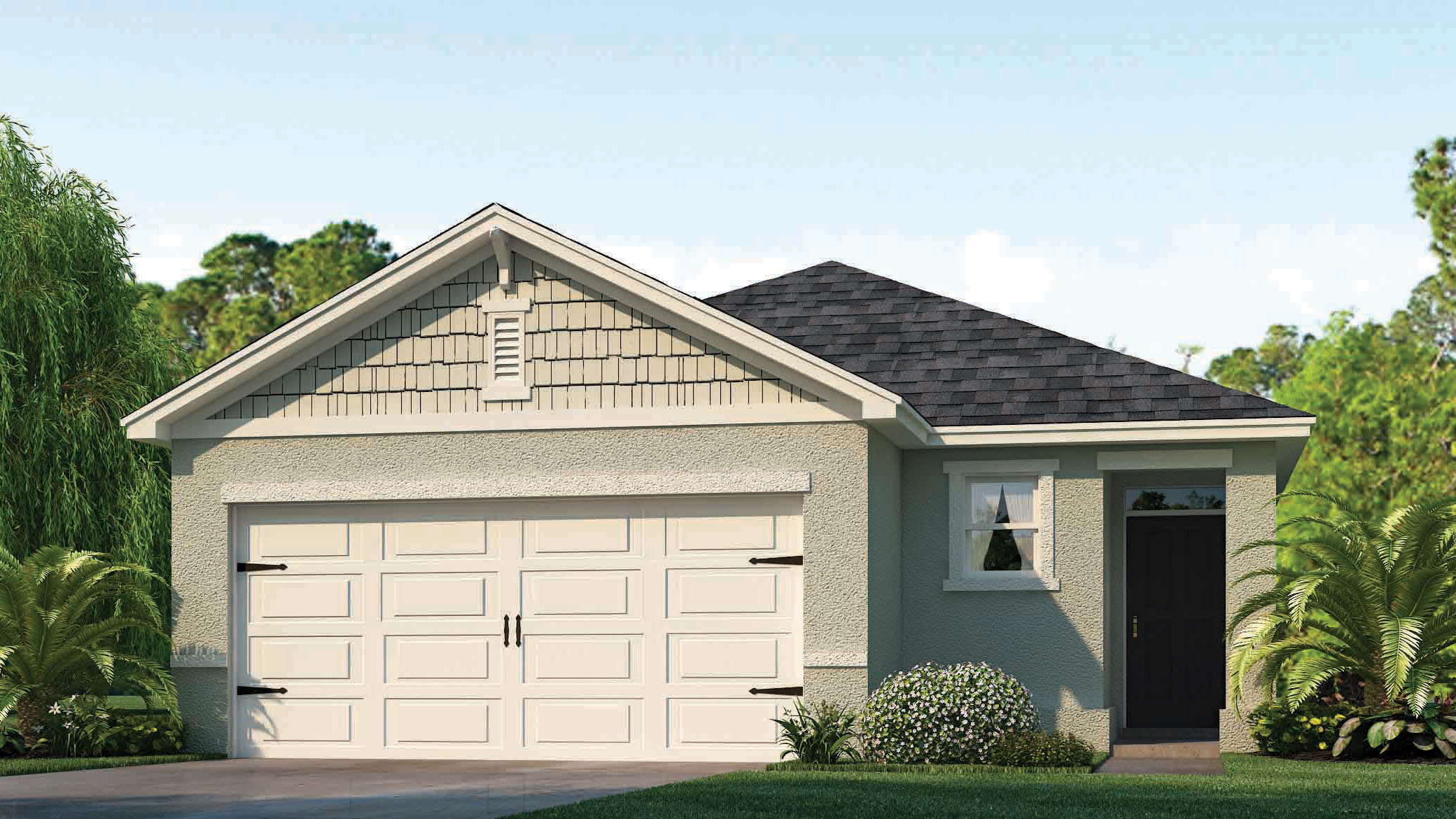 Single story new home with siding, covered porch and 2 car garage.