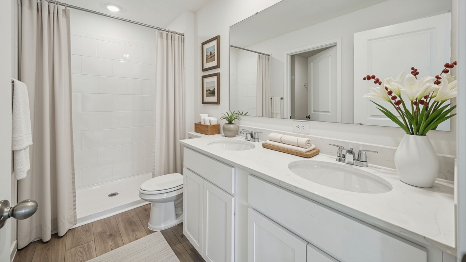 master bathroom showing double vanity with quartz countertops with access to walk-in closet.