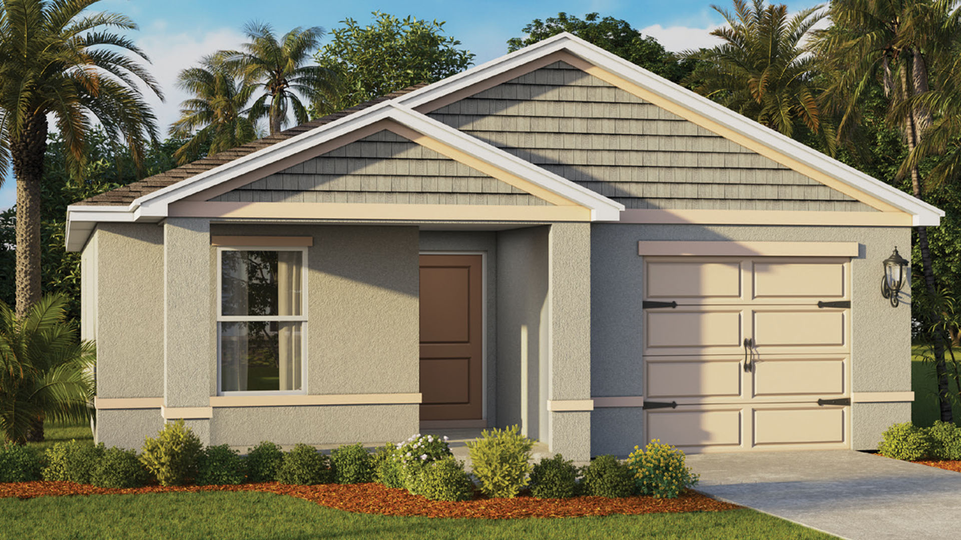 Single story new home with large windows and 2 car garage.