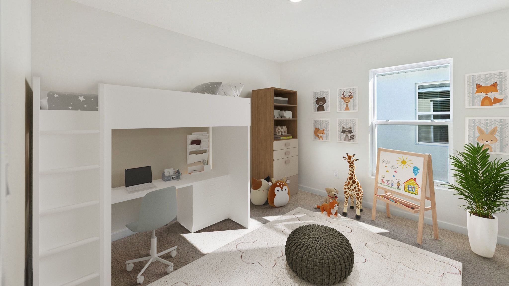 Spacious primary bedroom with king size bed, carpet flooring, natural lighting.