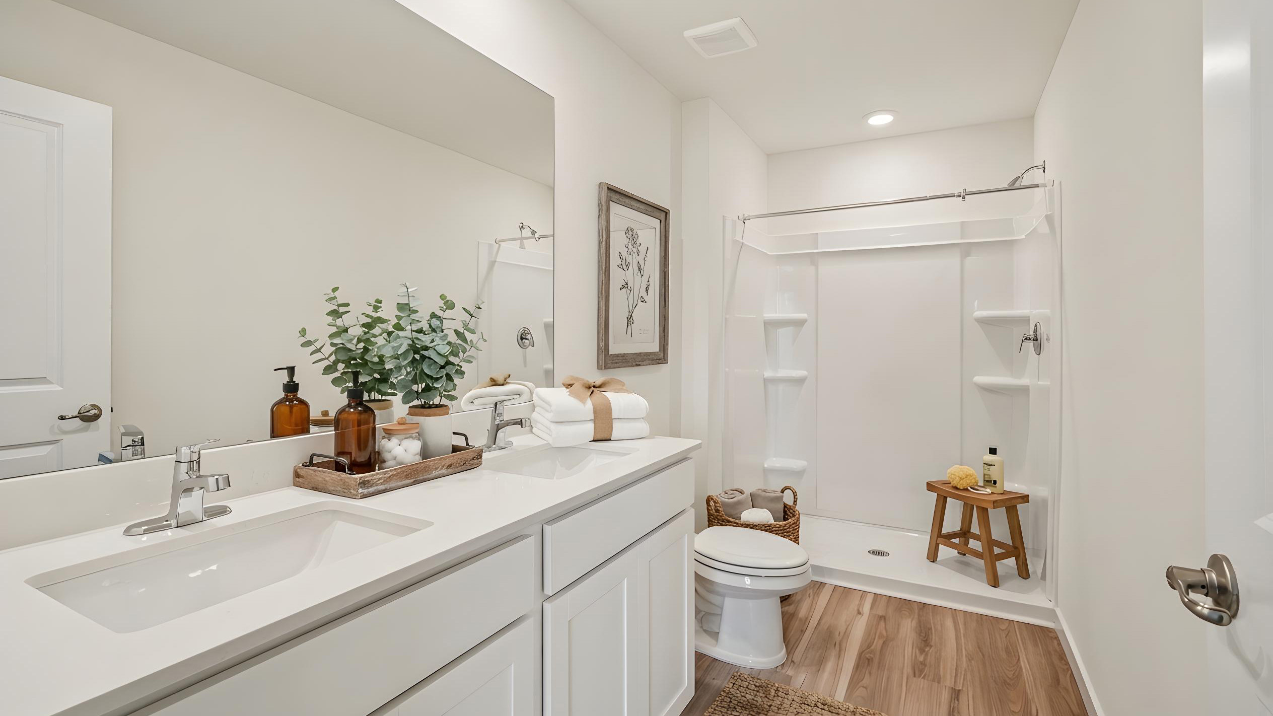 guest bathroom with shower and counters