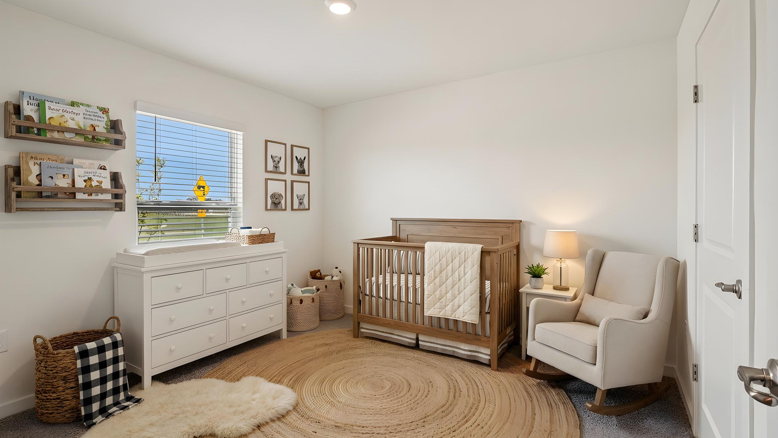 Spacious primary bedroom with king size bed, carpet flooring, natural lighting.