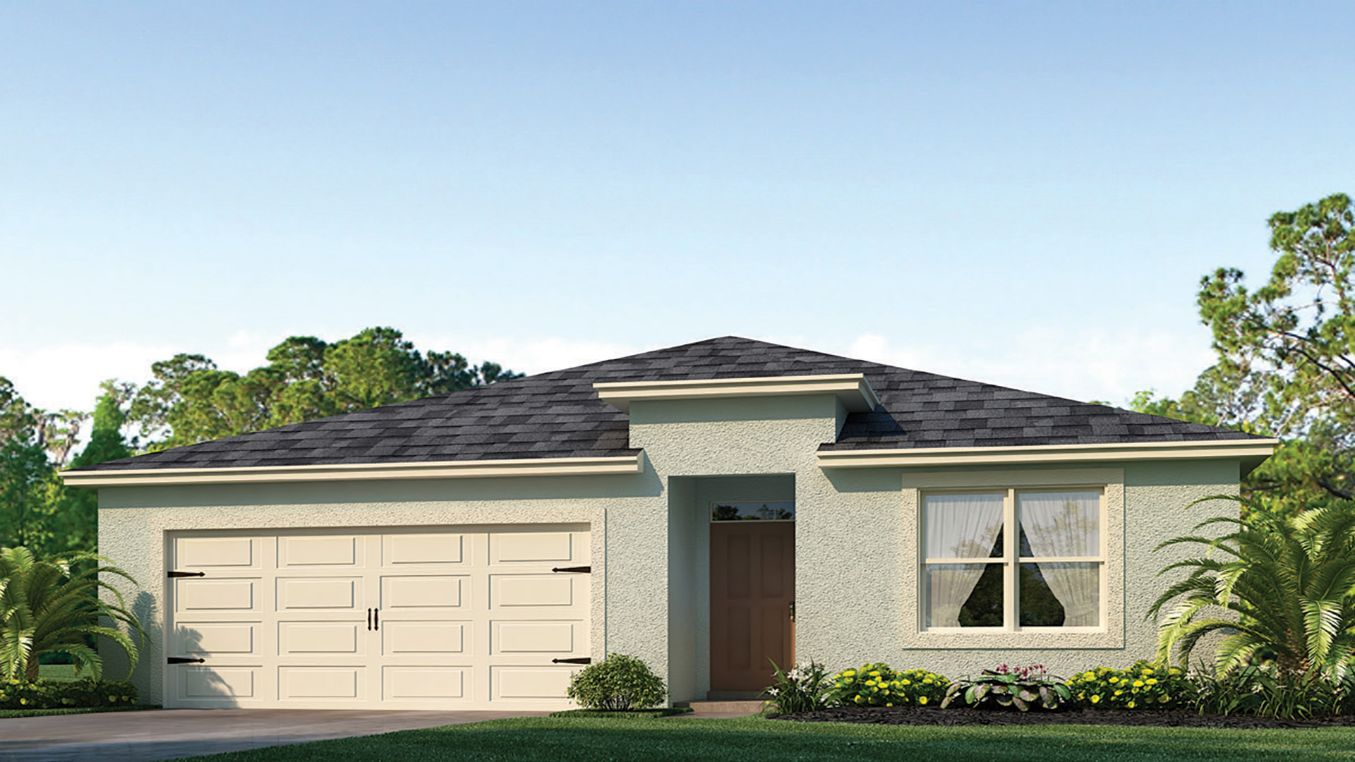 Single story new home with siding, covered porch and 2 car garage.