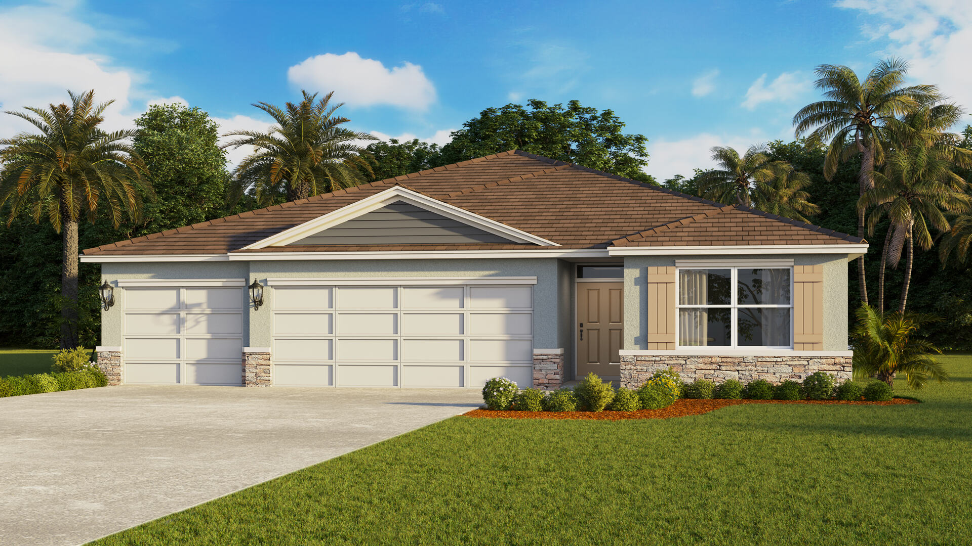 Single story new home with siding, covered porch and 2 car garage.