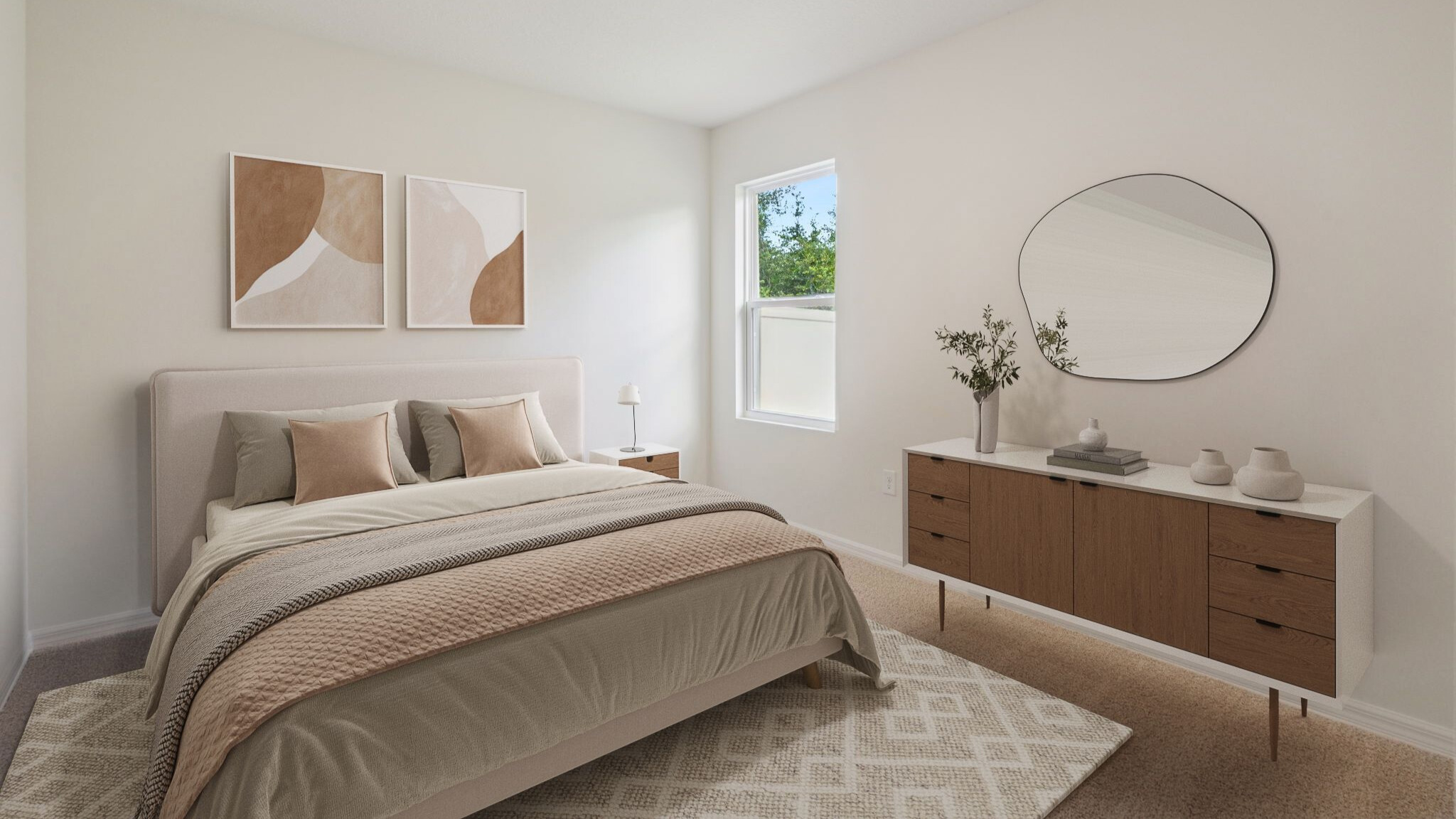 Guest bedroom with bed, nighstands and natural lighting.