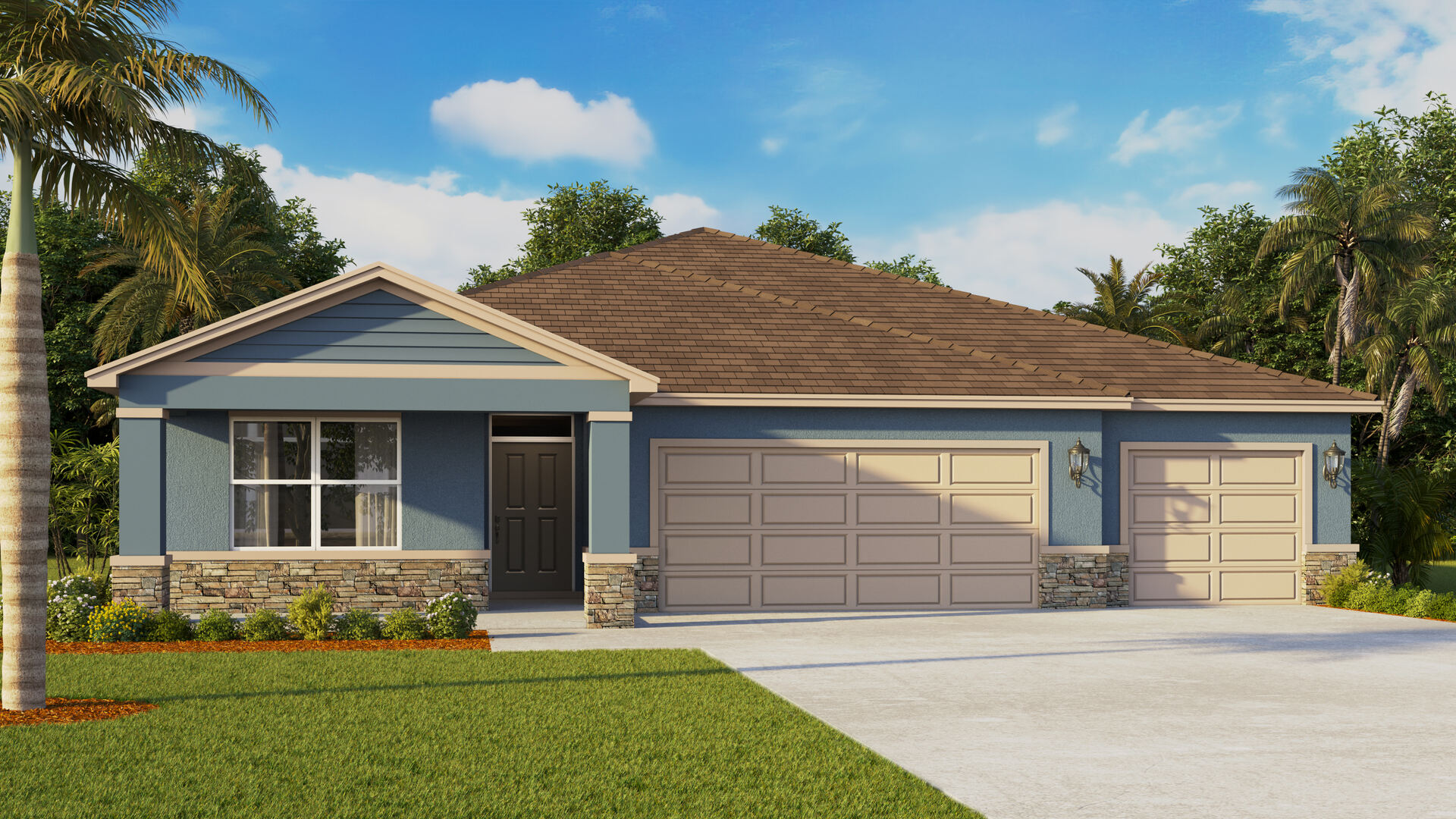 Single story new home with siding, covered porch and 3 car garage.