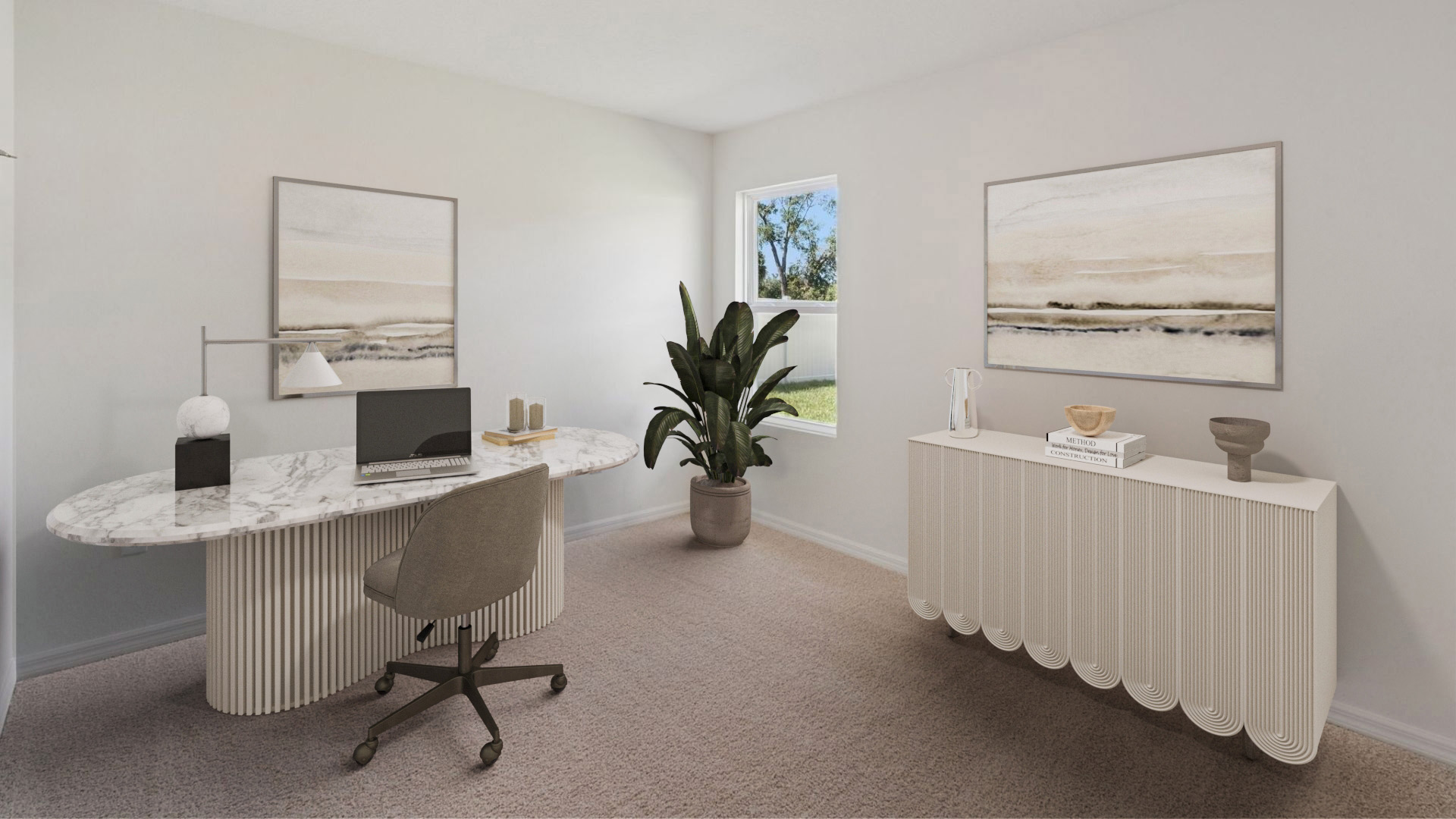 Spacious primary bedroom with king size bed, carpet flooring, natural lighting.
