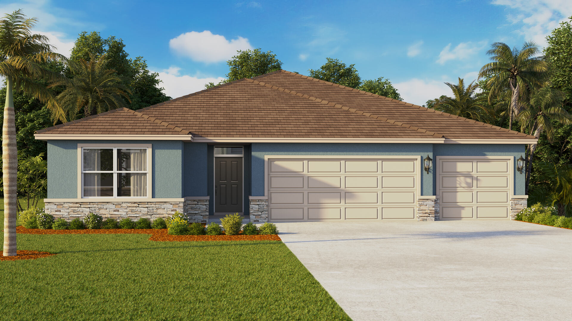 Single story new home with siding, covered porch and 3 car garage.