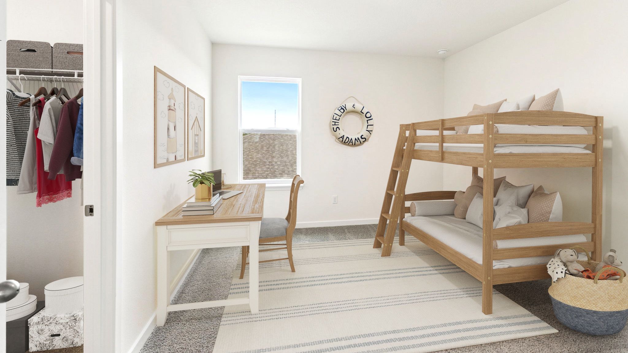 Guest bedroom with bed, nighstand, desk, and natural lighting with spacious closet.