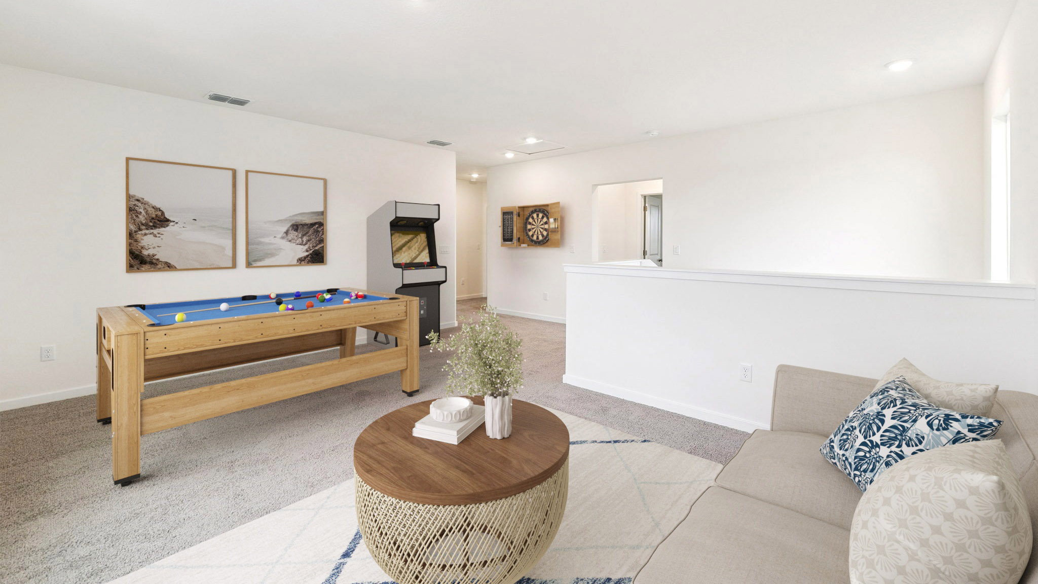 Game room with couch, pool table and games