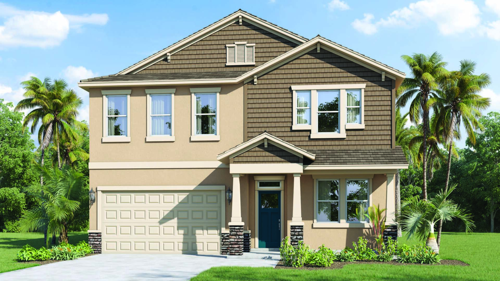 Two-story new home with siding, covered porch and 2 car garage.