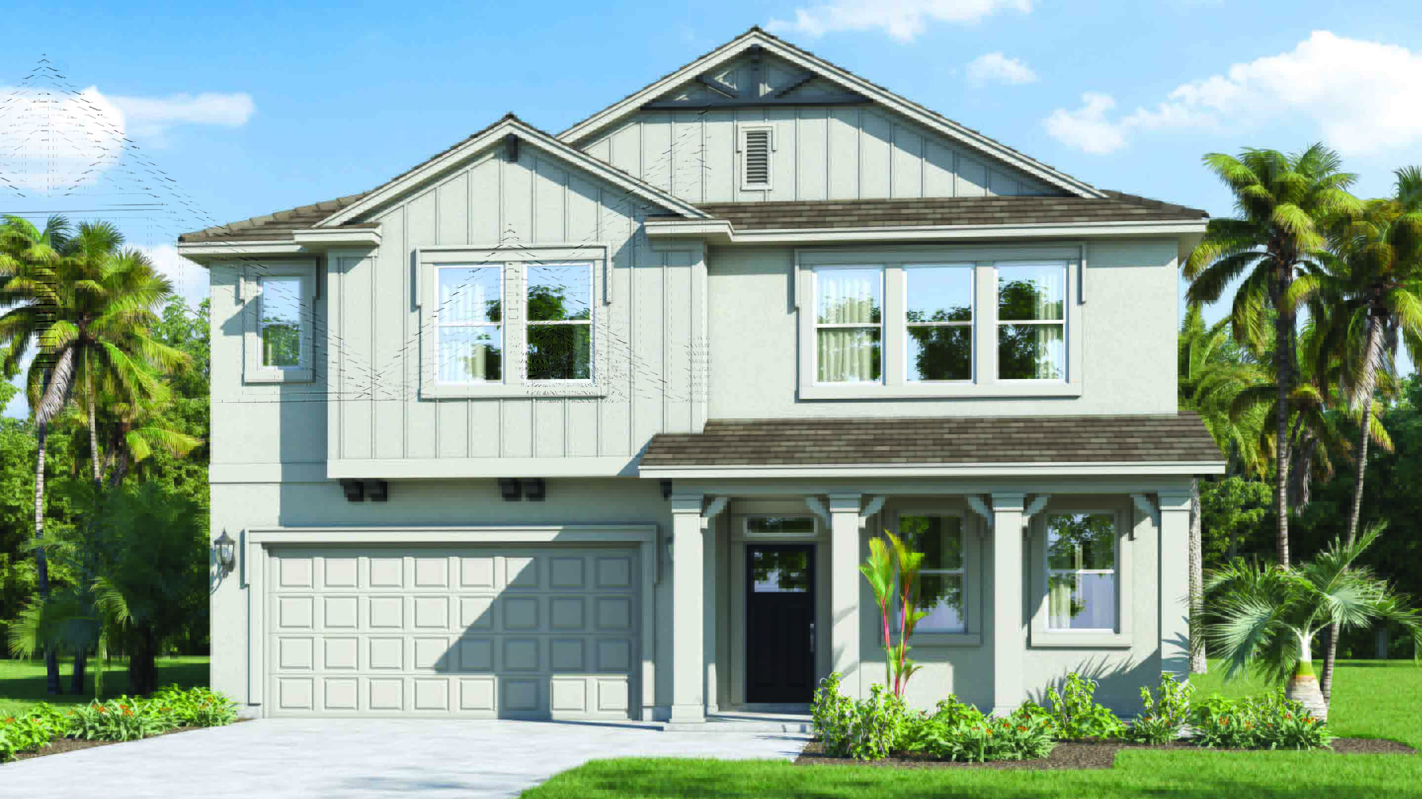 Two-story new home with siding, covered porch and 2 car garage.