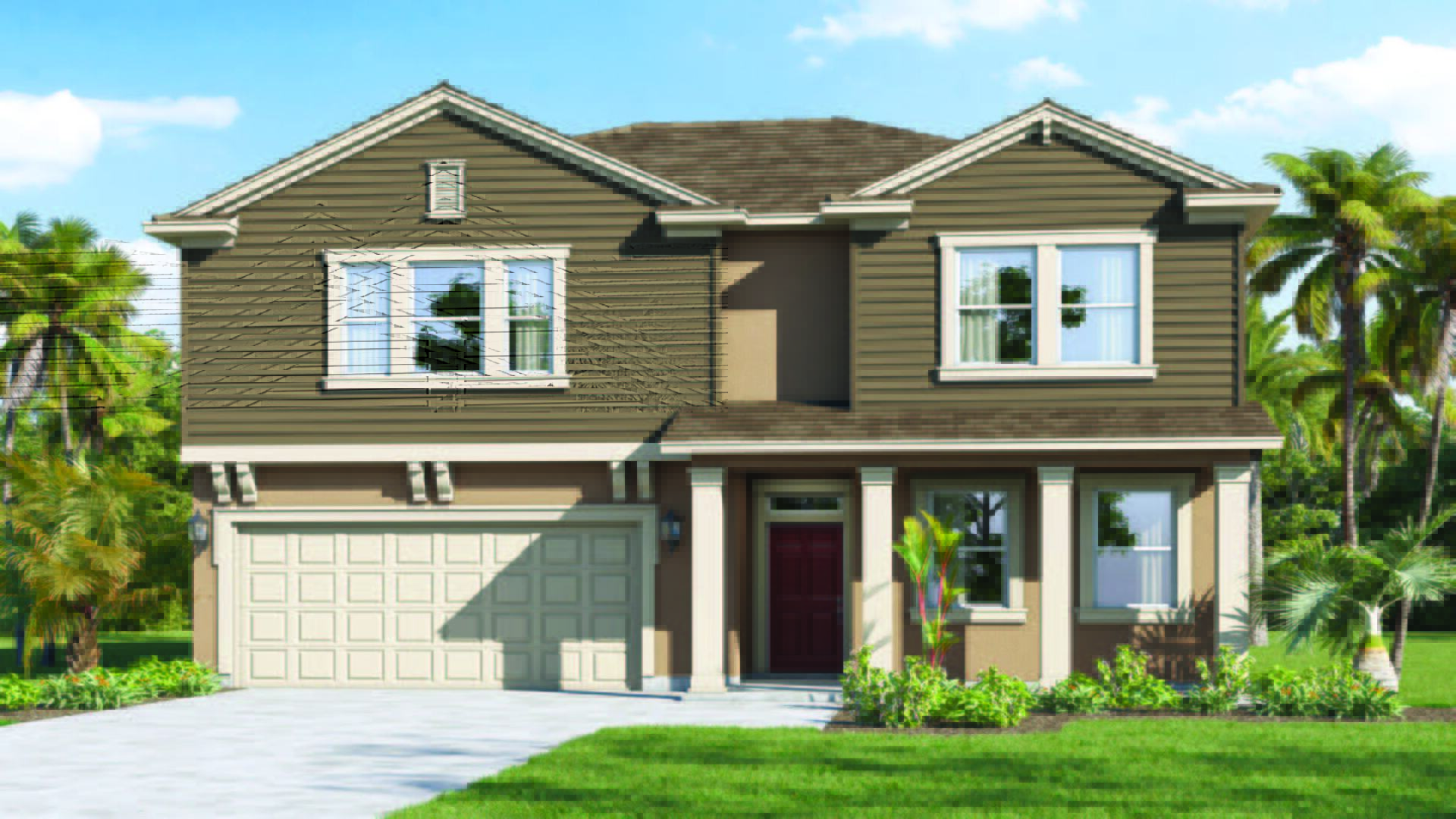 two story new home with large windows and 2 car garage.