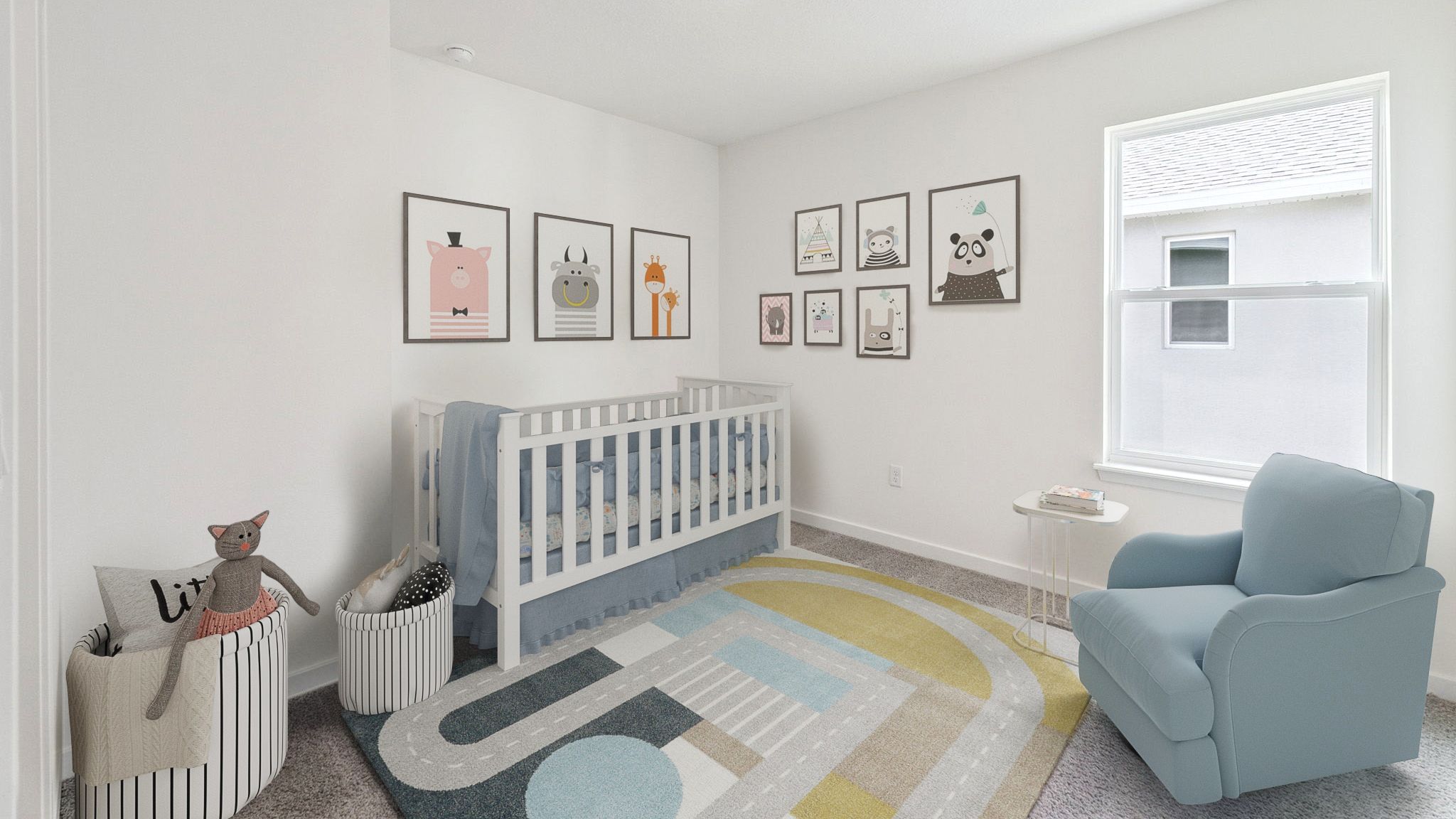 Nursery with crib, lounge chair and toys in baskets.