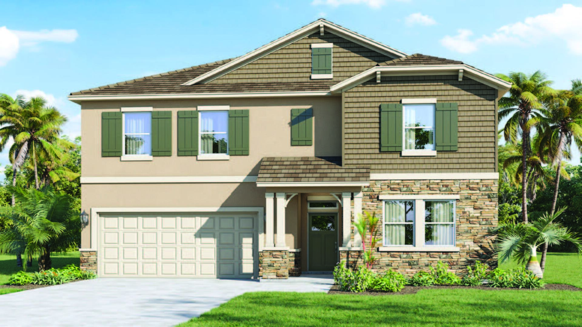 Two-story new home with siding, covered porch and 2 car garage.