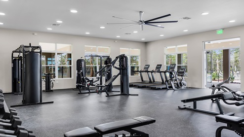 Fitness center with cardio and strength machines.