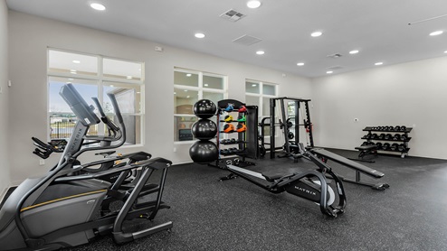 Fitness center with cardio and strength machines.