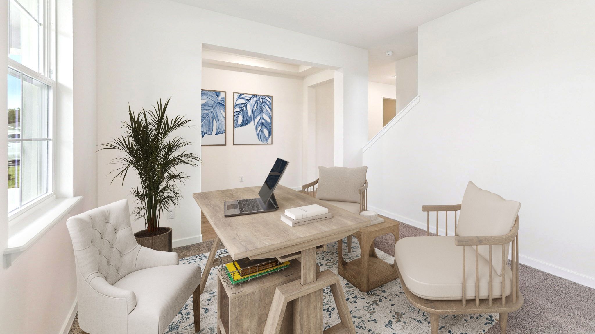 Functional home office with desk, chairs and space to work or play.