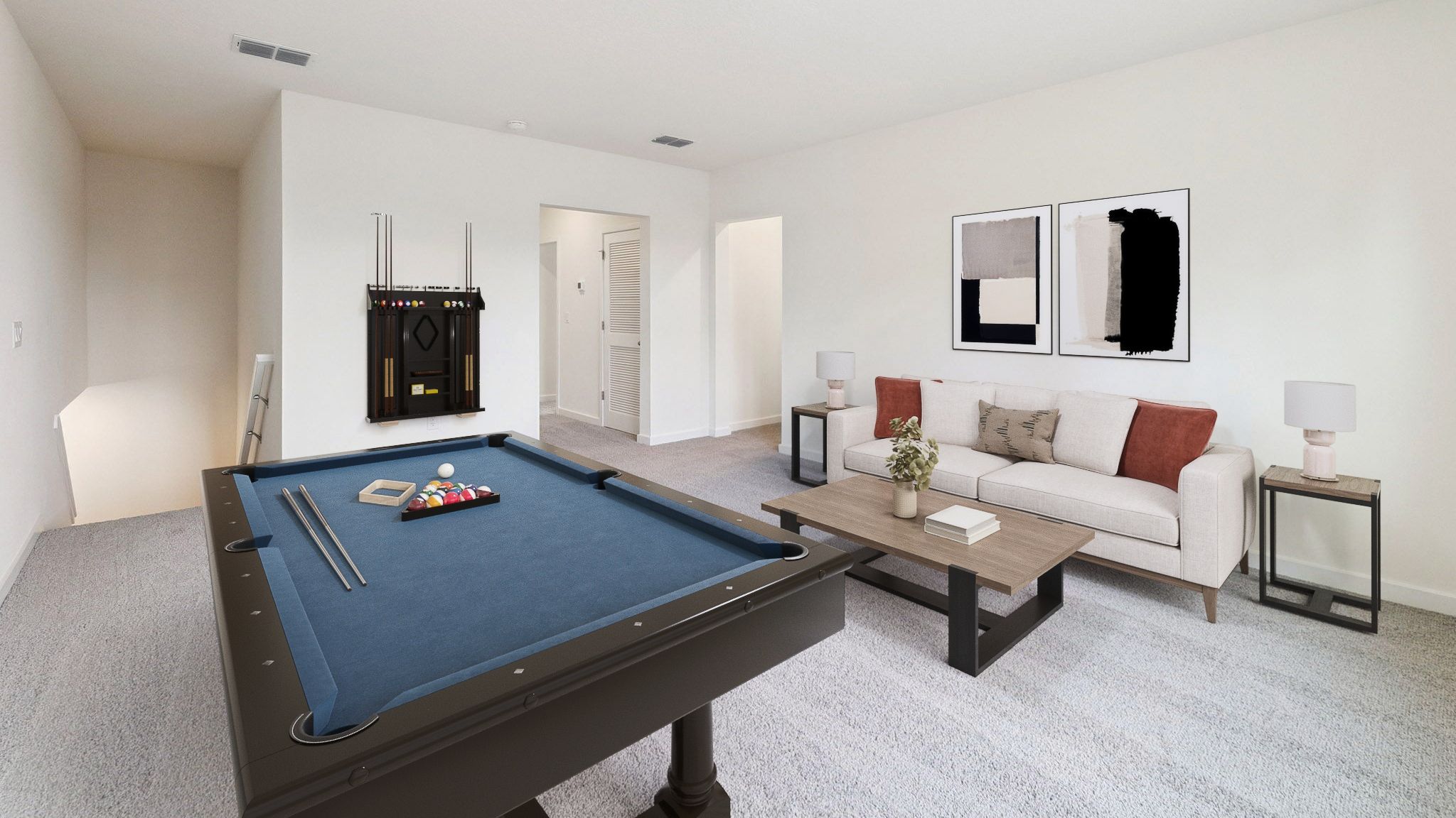 Game room with couch, pool table and games