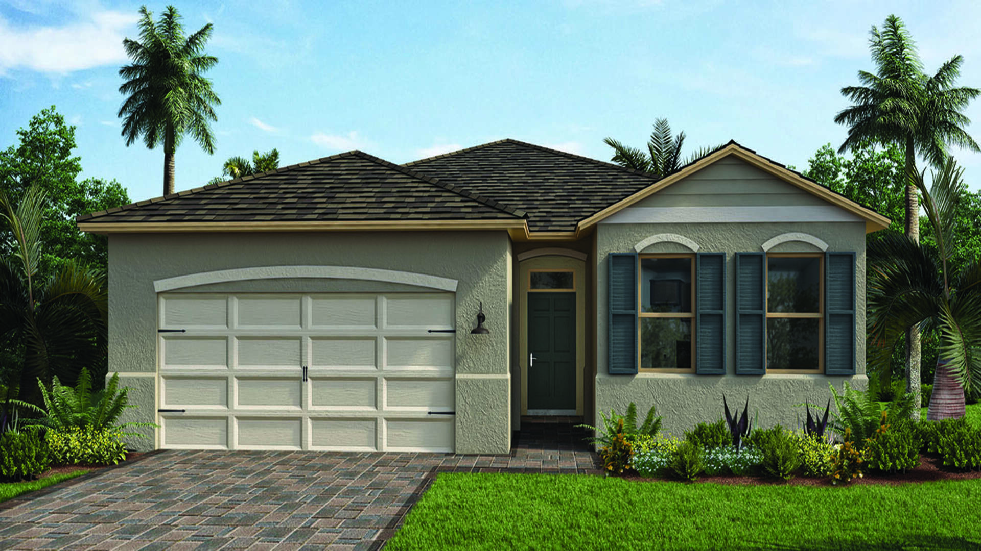 Single story new home with large windows and 2 car garage.