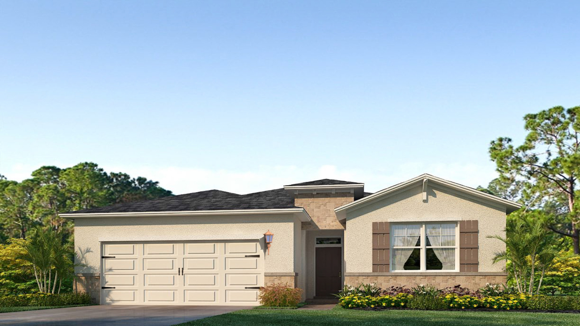 Single story new home with siding, covered porch and 2 car garage.