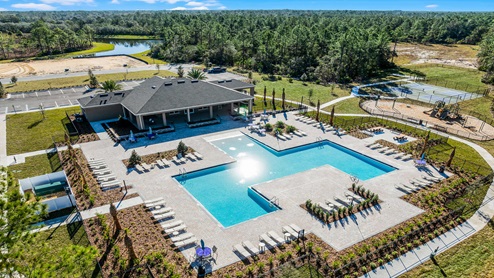 Aerial view of the community amenity area with blue skies and sidewalks