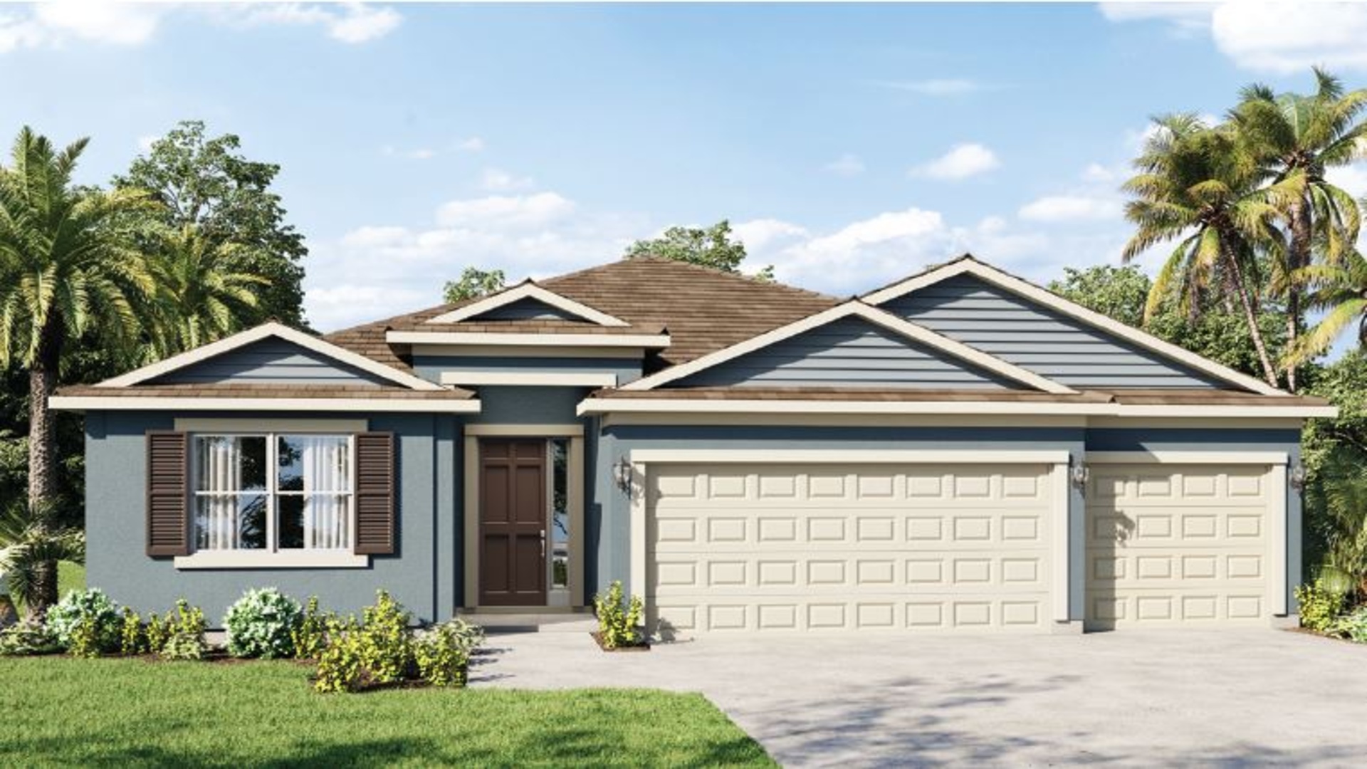 Single story new home with large windows and 2 car garage.