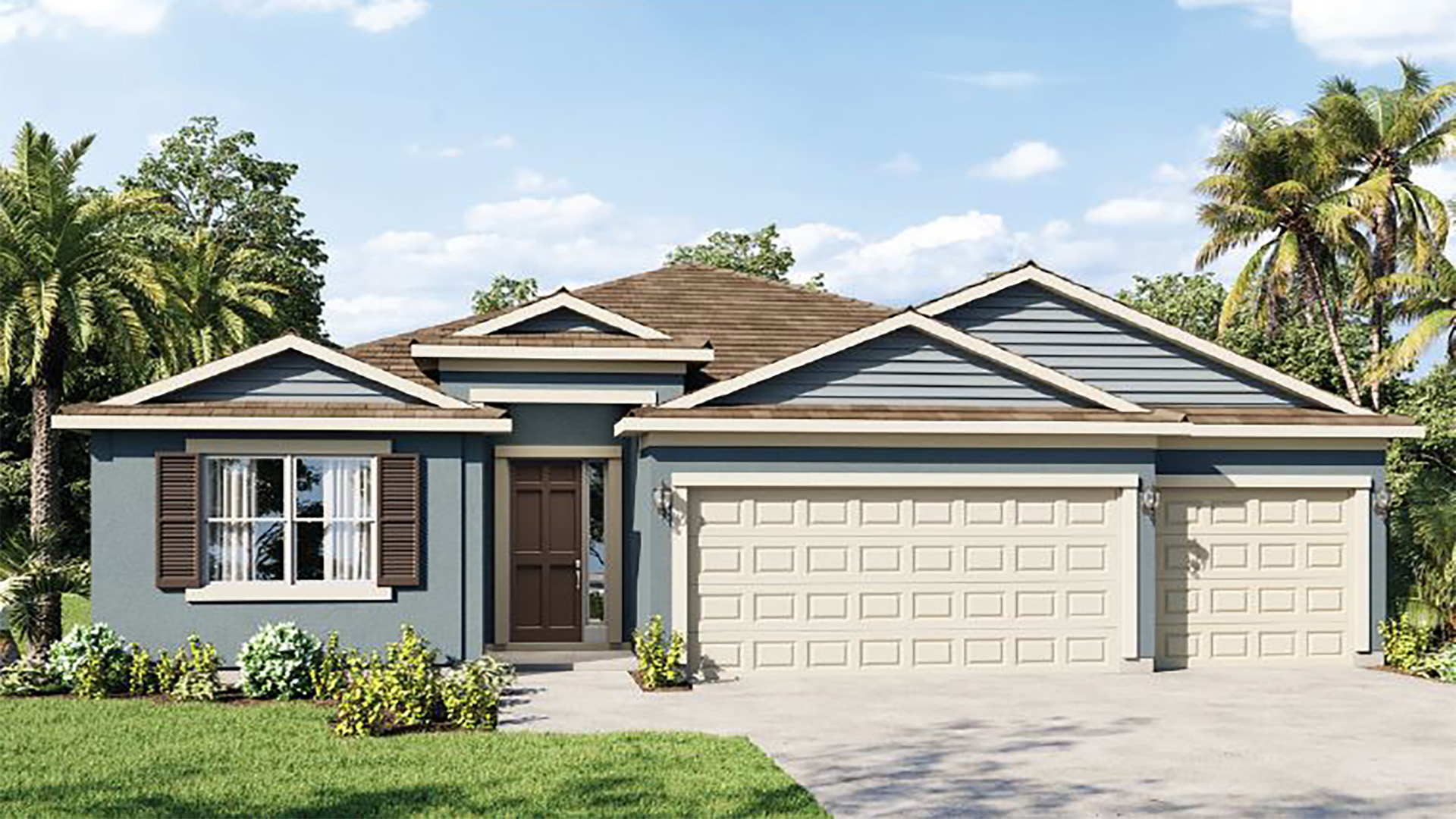 Single story new home with large windows and 2 car garage.