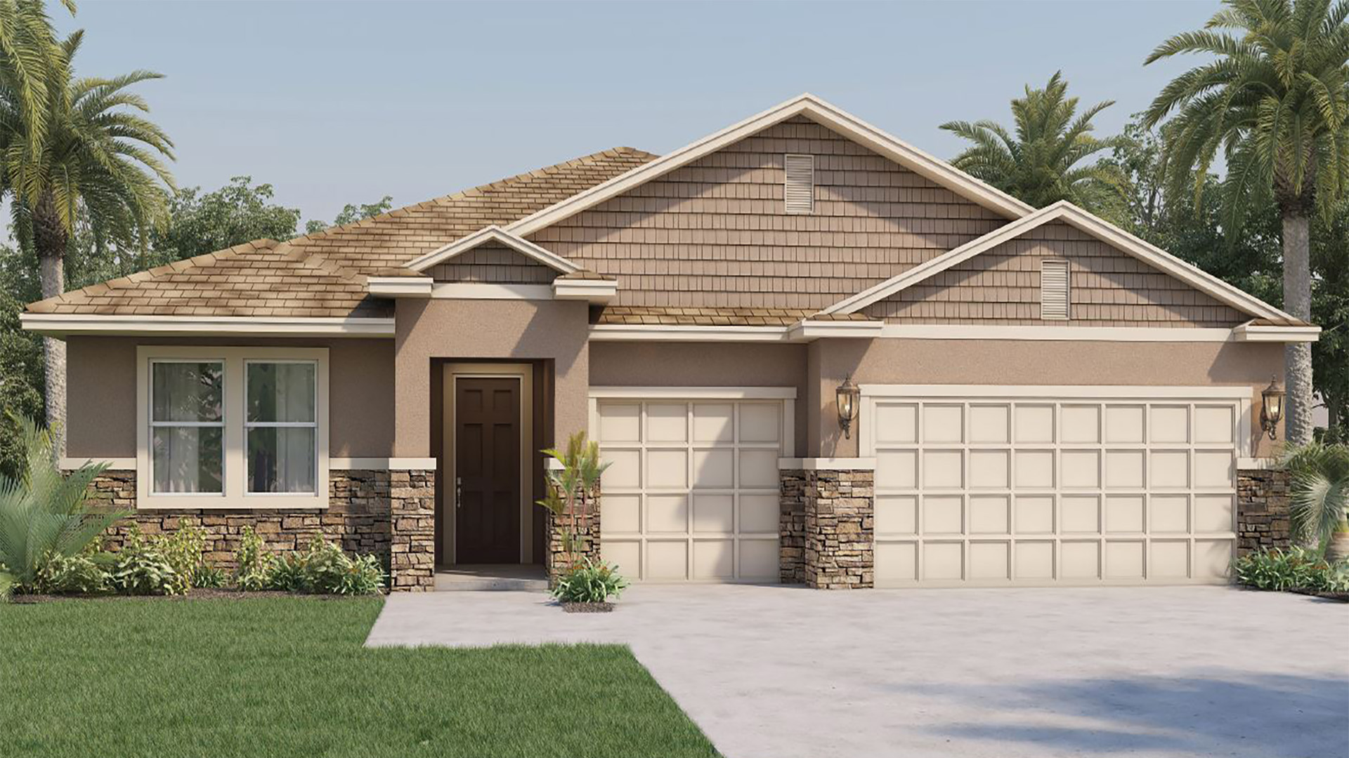 Single story new home with large windows and 2 car garage.