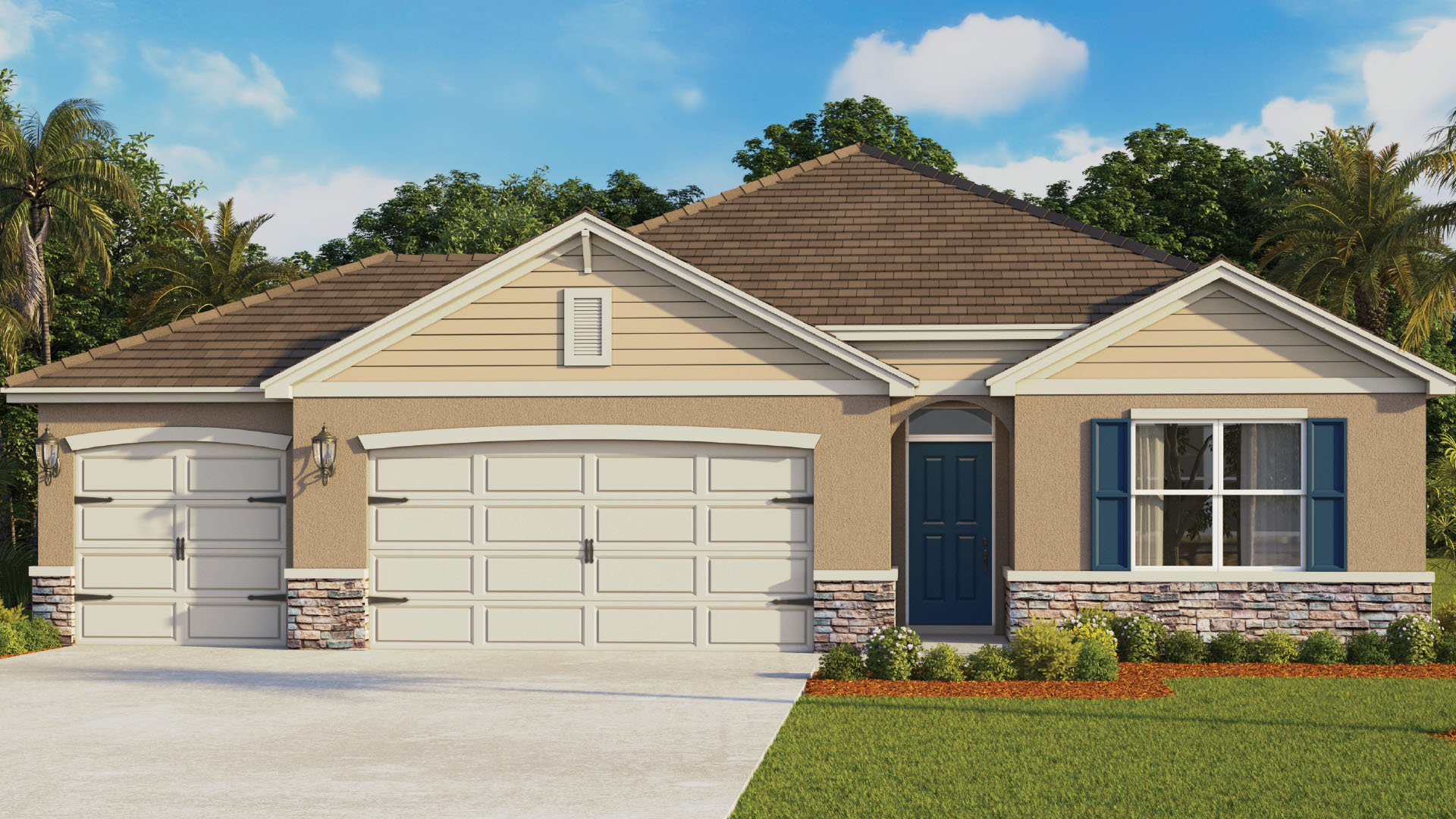 Single story new home with large windows and 2 car garage.