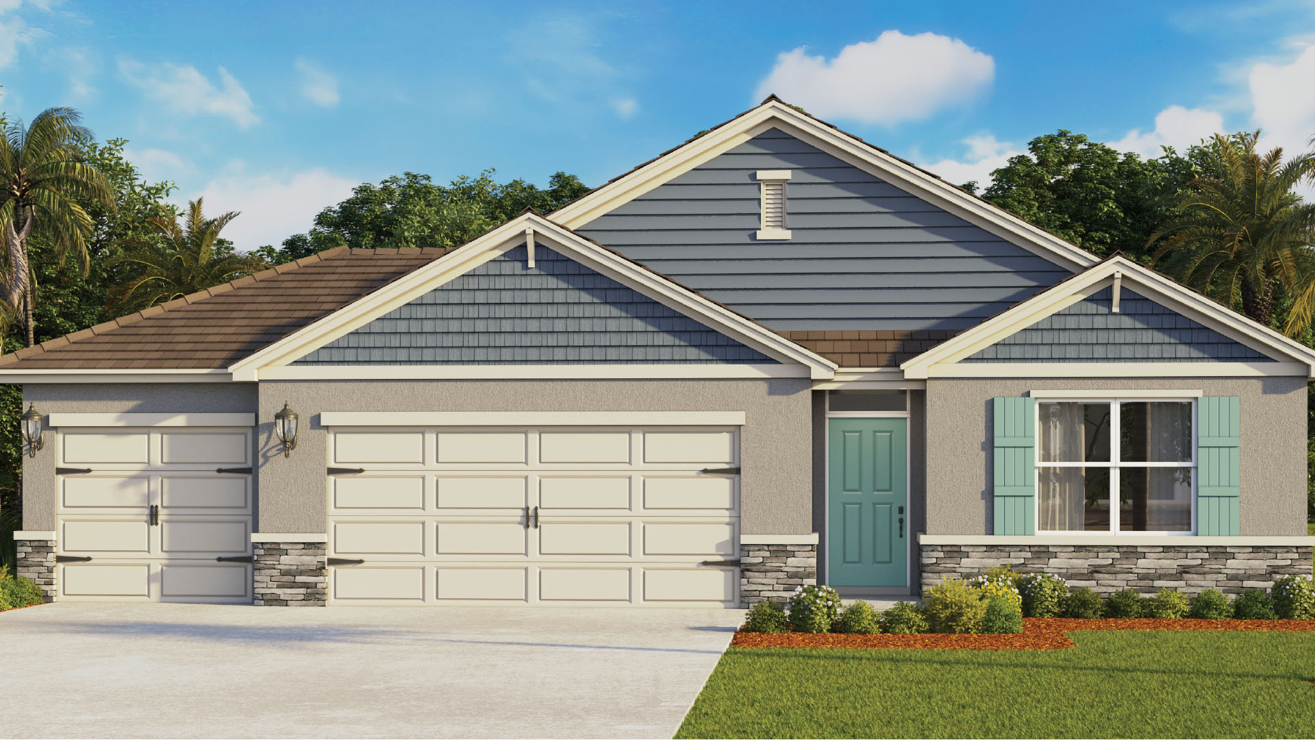 Single story new home with large windows and 2 car garage.