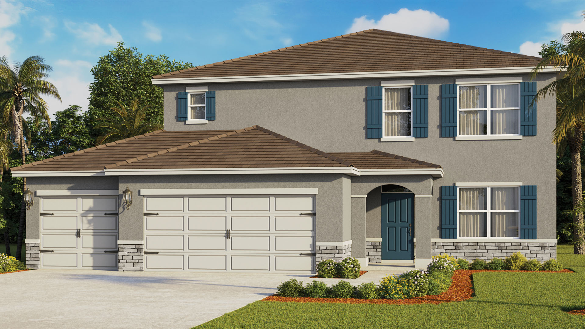 three story home with three car garage