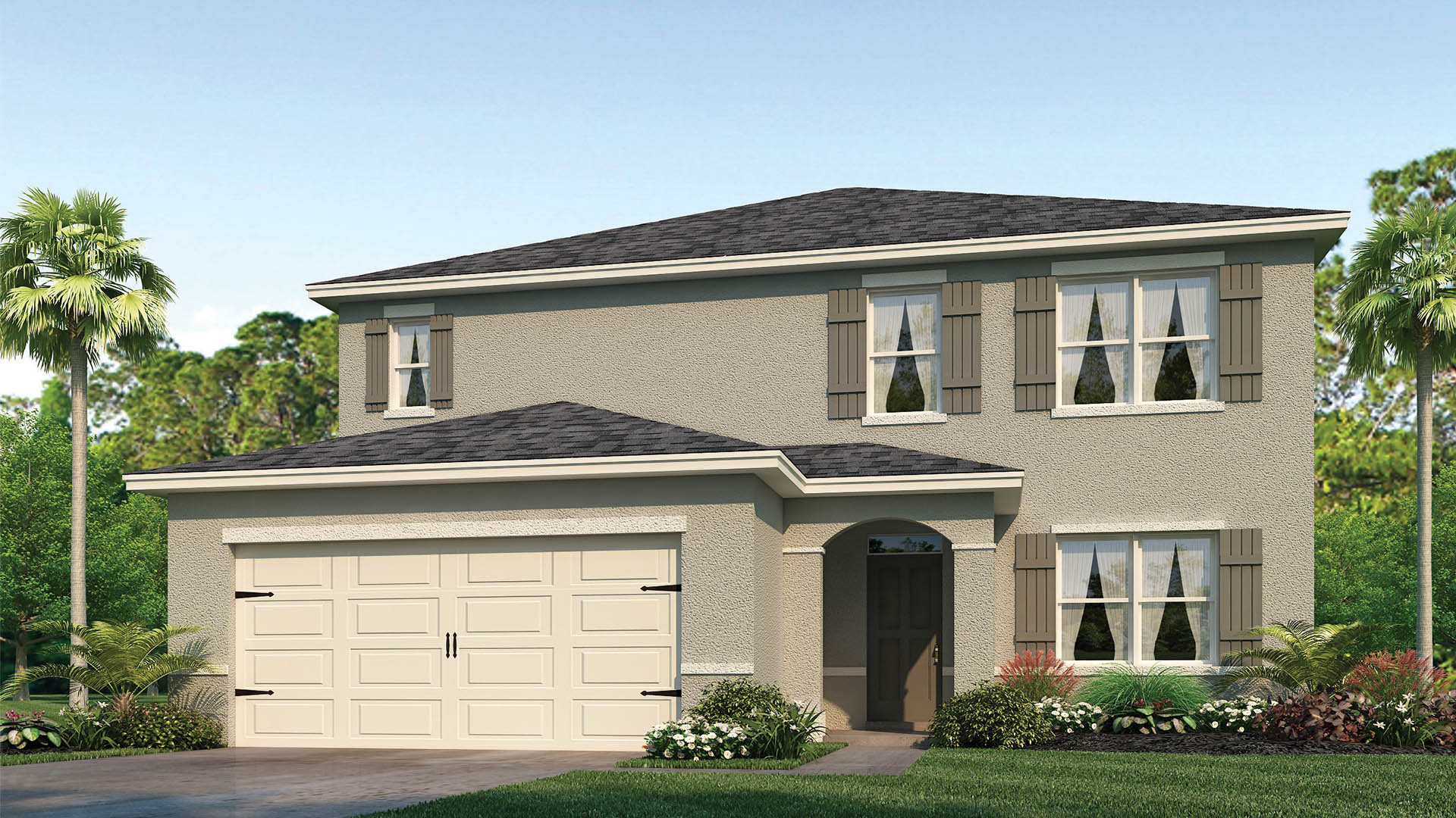 two story new home with large windows and 2 car garage.