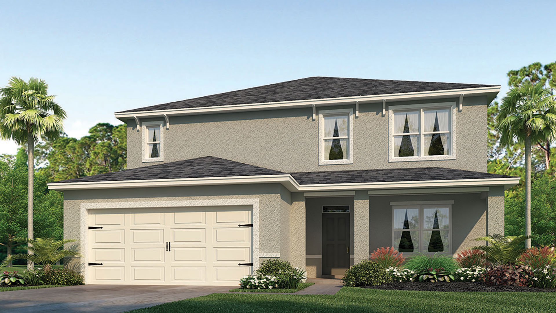 Two-story new home with siding, covered porch and 2 car garage.