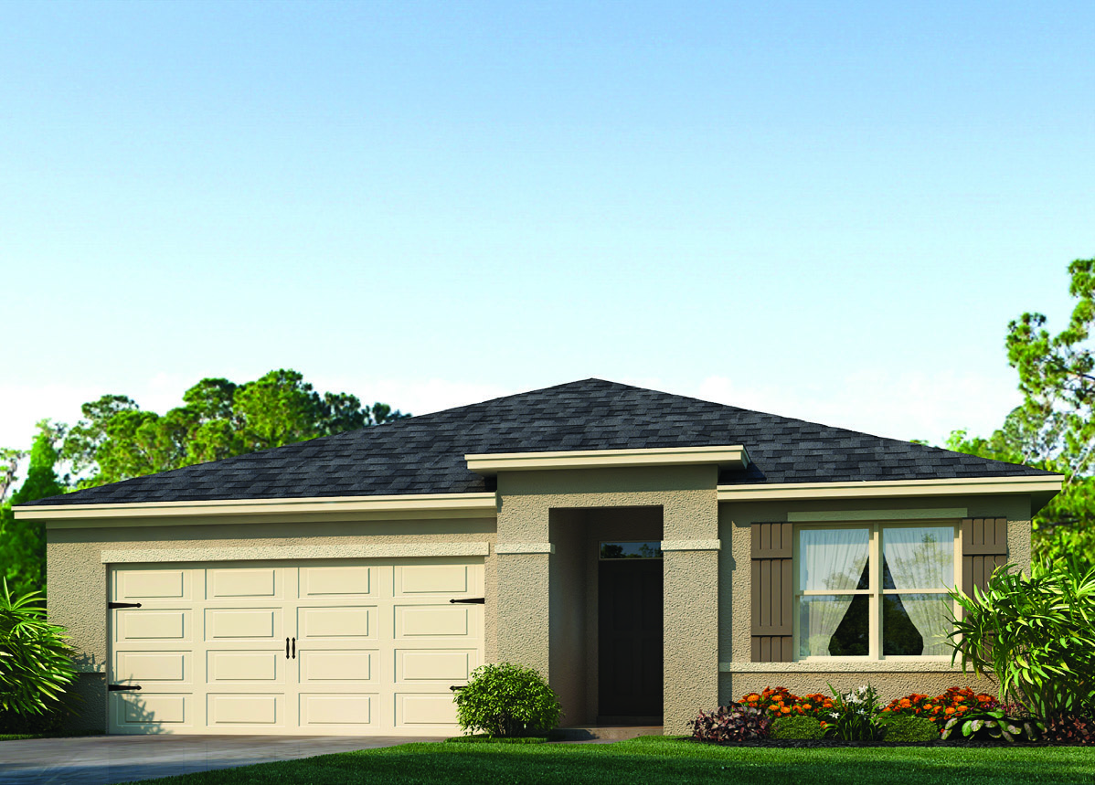 Single story new home with large windows and 2 car garage.