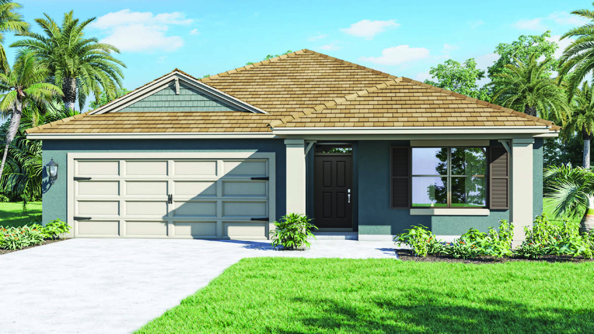 Single story new home with large windows and 2 car garage.