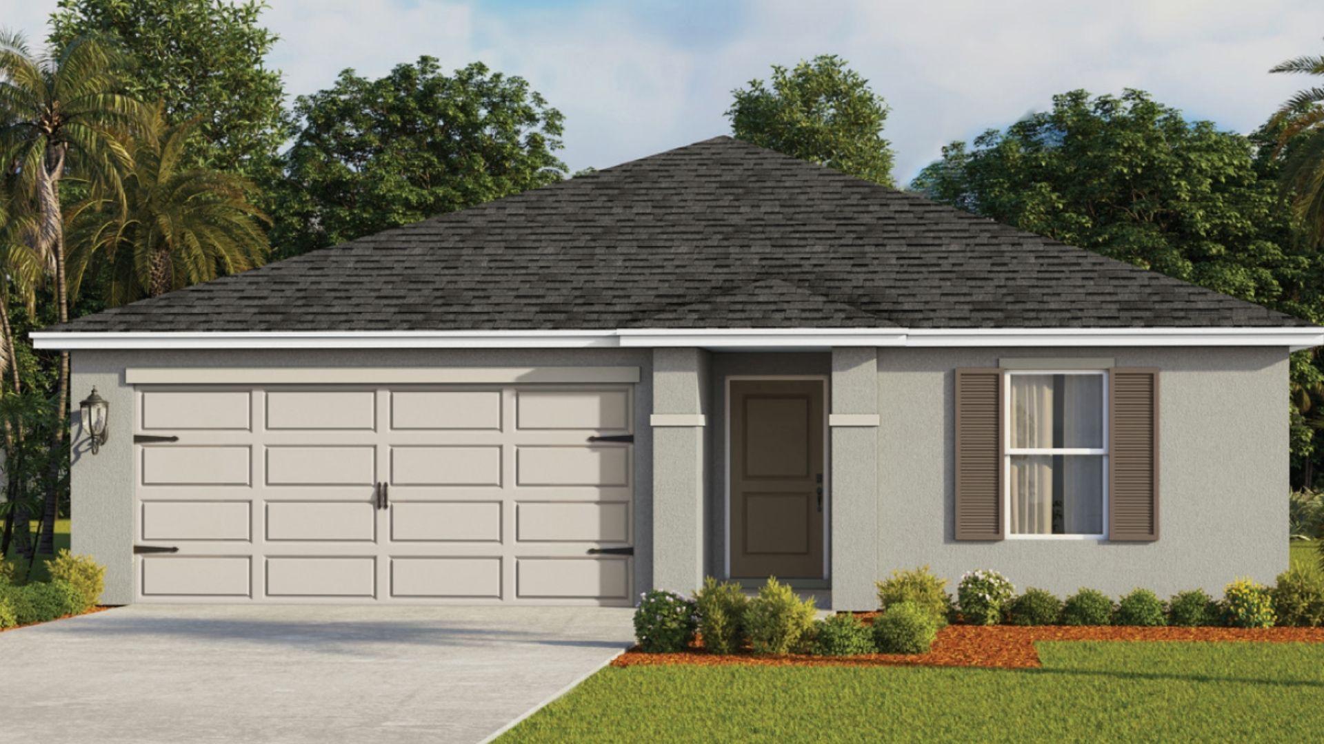 Single story new home with large windows and 2 car garage.