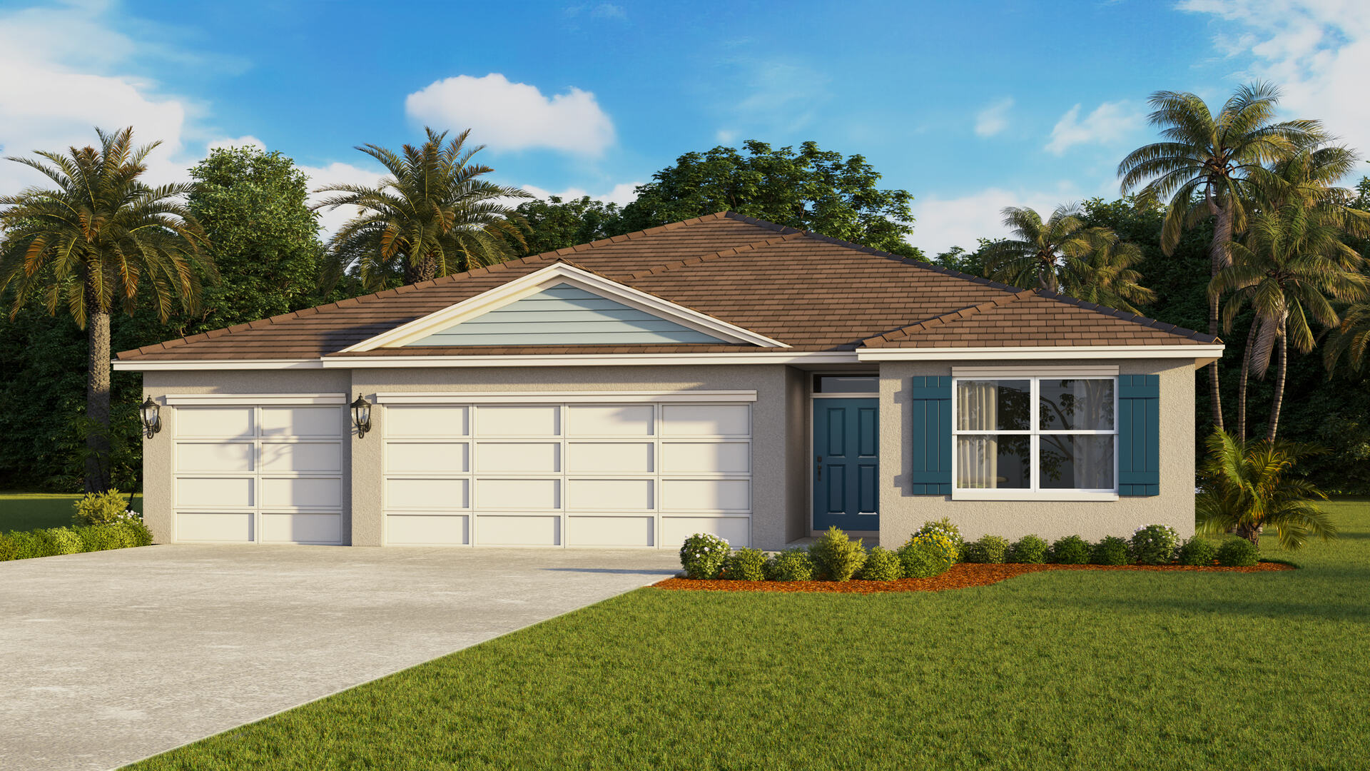 Single story new home with siding, covered porch and 3 car garage.
