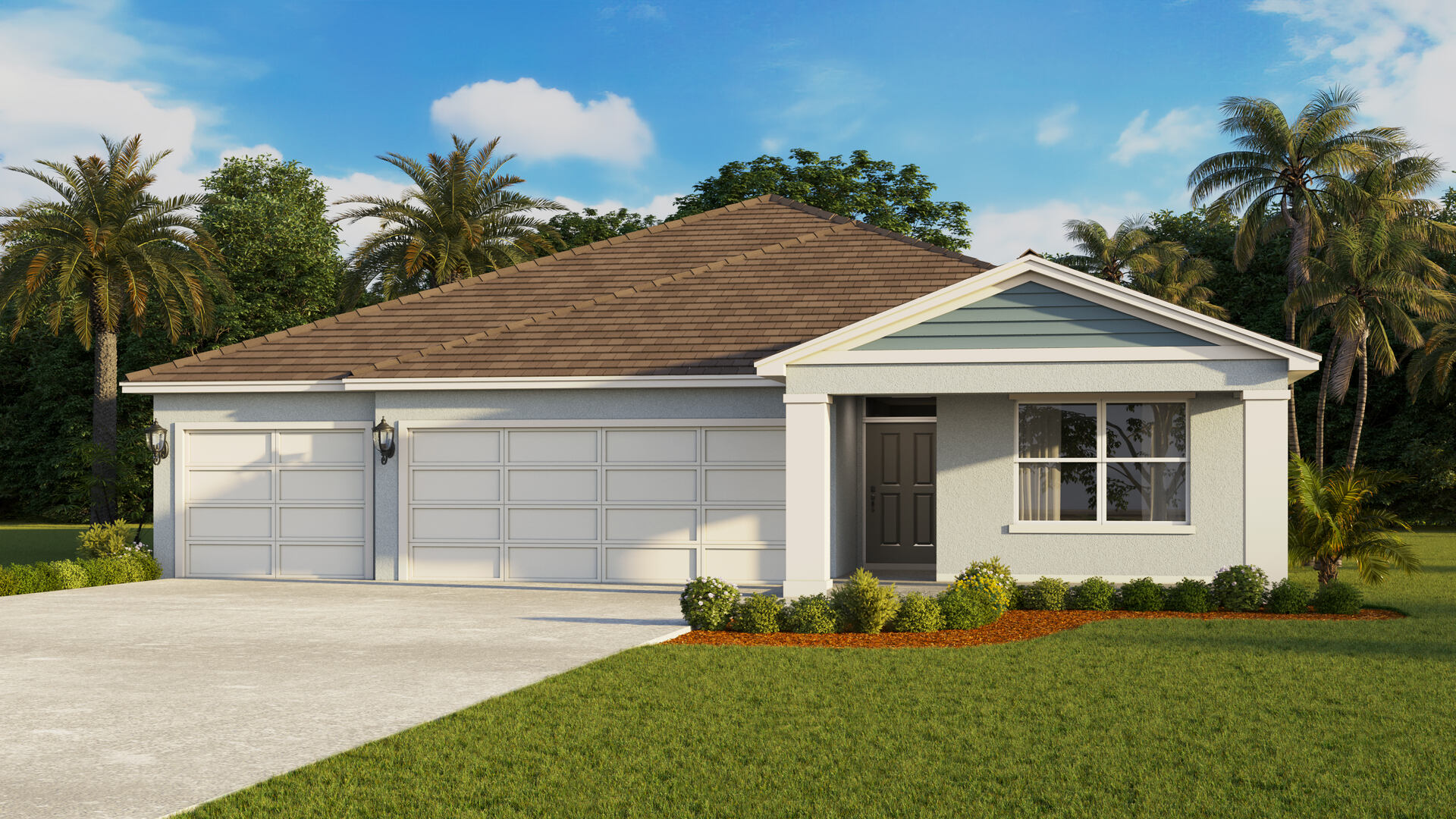 Single story new home with siding, covered porch and 3 car garage.