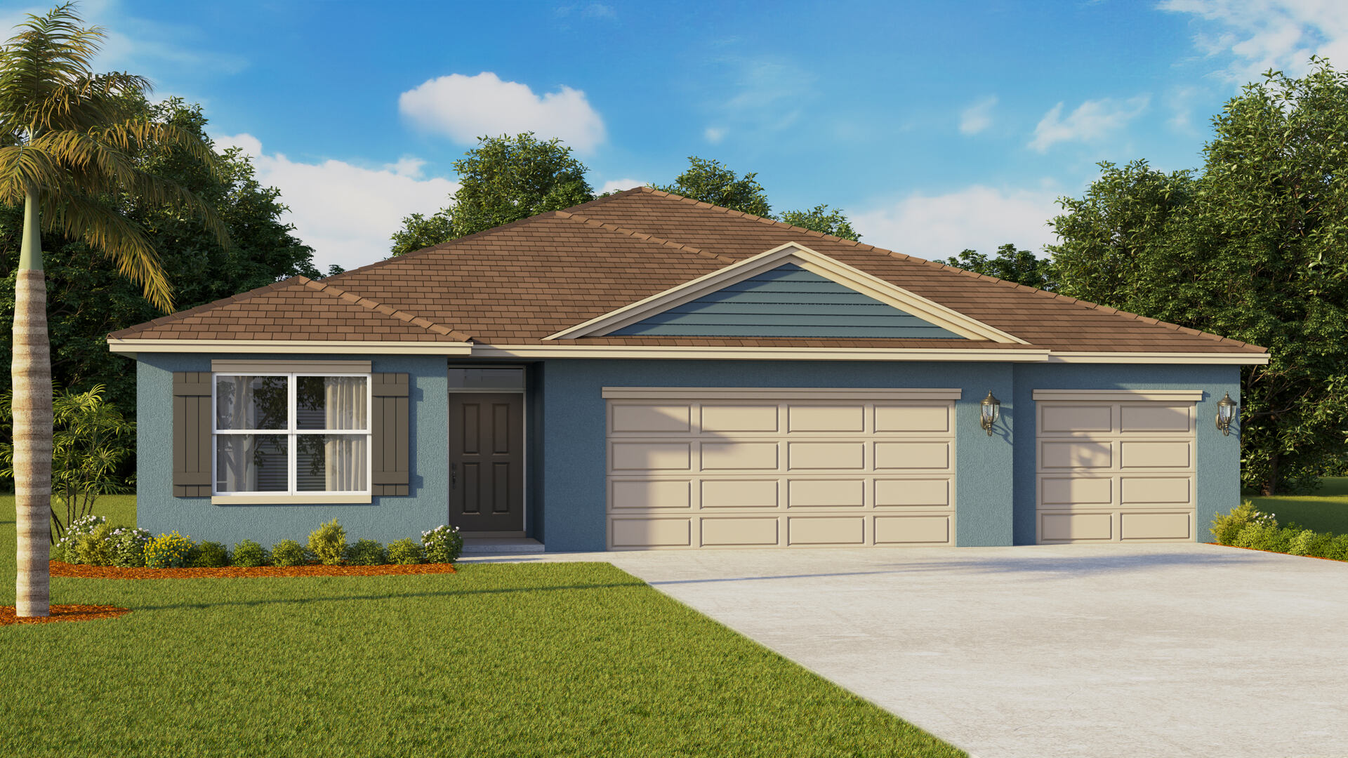 Single story new home with siding, covered porch and 3 car garage.