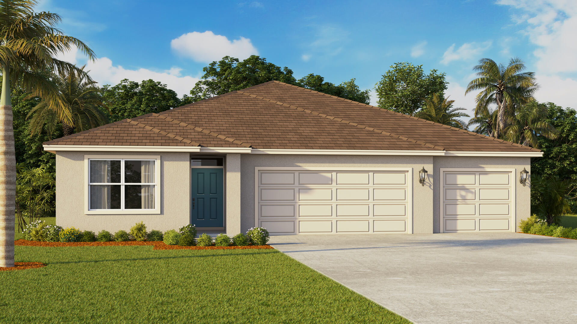 Single story new home with siding, covered porch and 3 car garage.