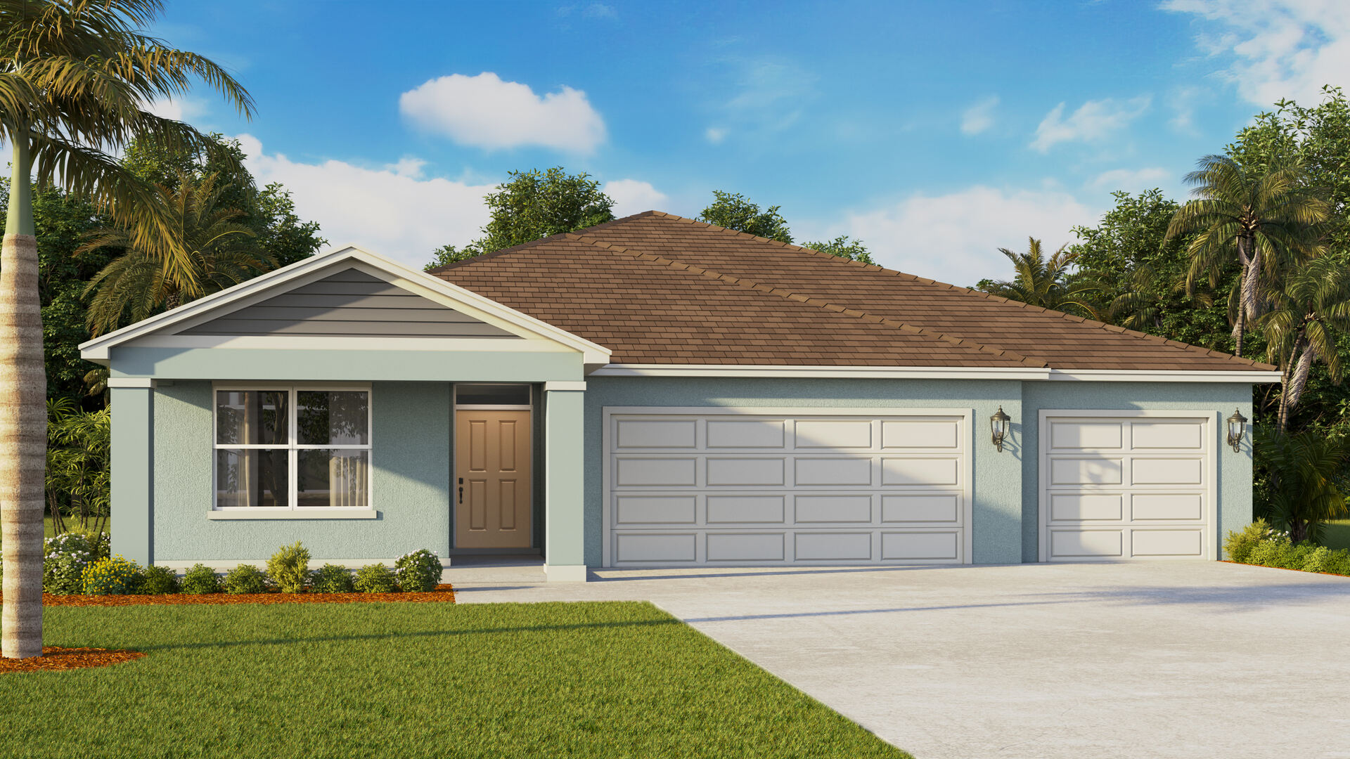 Single story new home with siding, covered porch and 3 car garage.