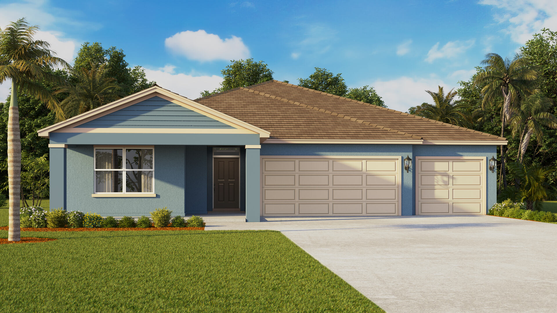 Single story new home with siding, covered porch and 3 car garage.