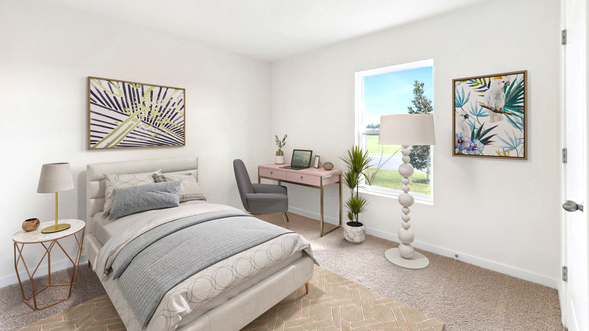 Spacious primary bedroom with king size bed, carpet flooring, natural lighting.
