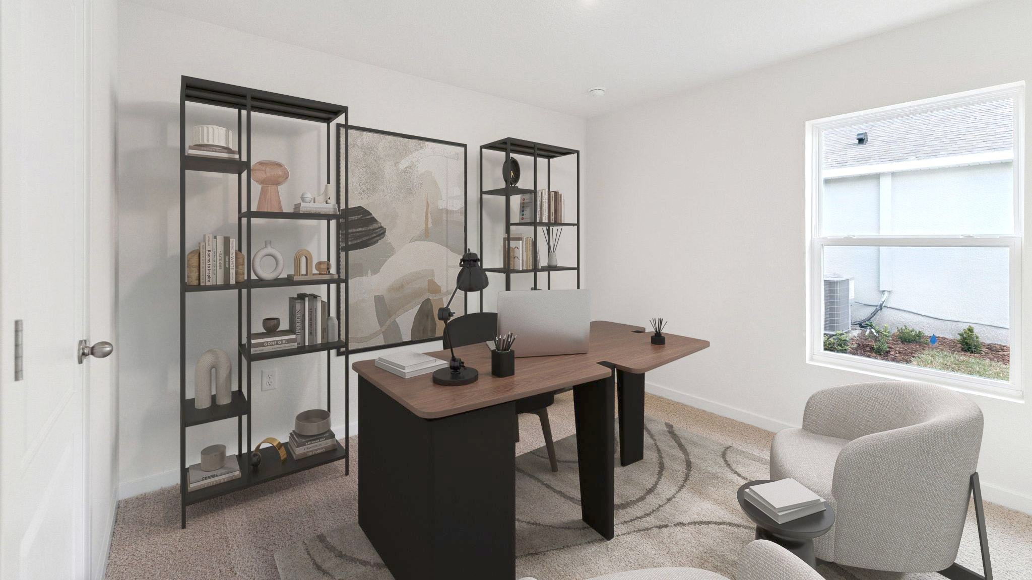 Modern bathroom with double vanity, large wall mirror, cabinets and quartz countertops