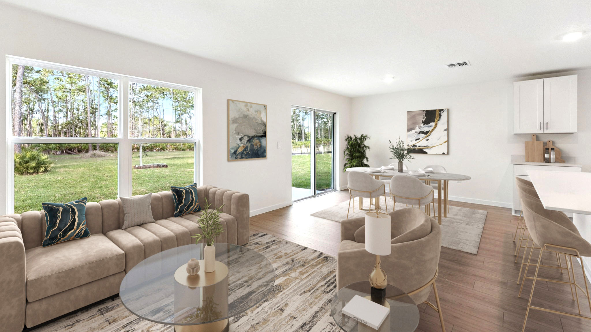 Living area with couch seating, entertainment system and natural lighting