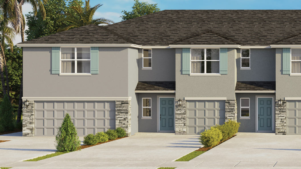 Attached townhome with concrete block construction and a one-car garage.