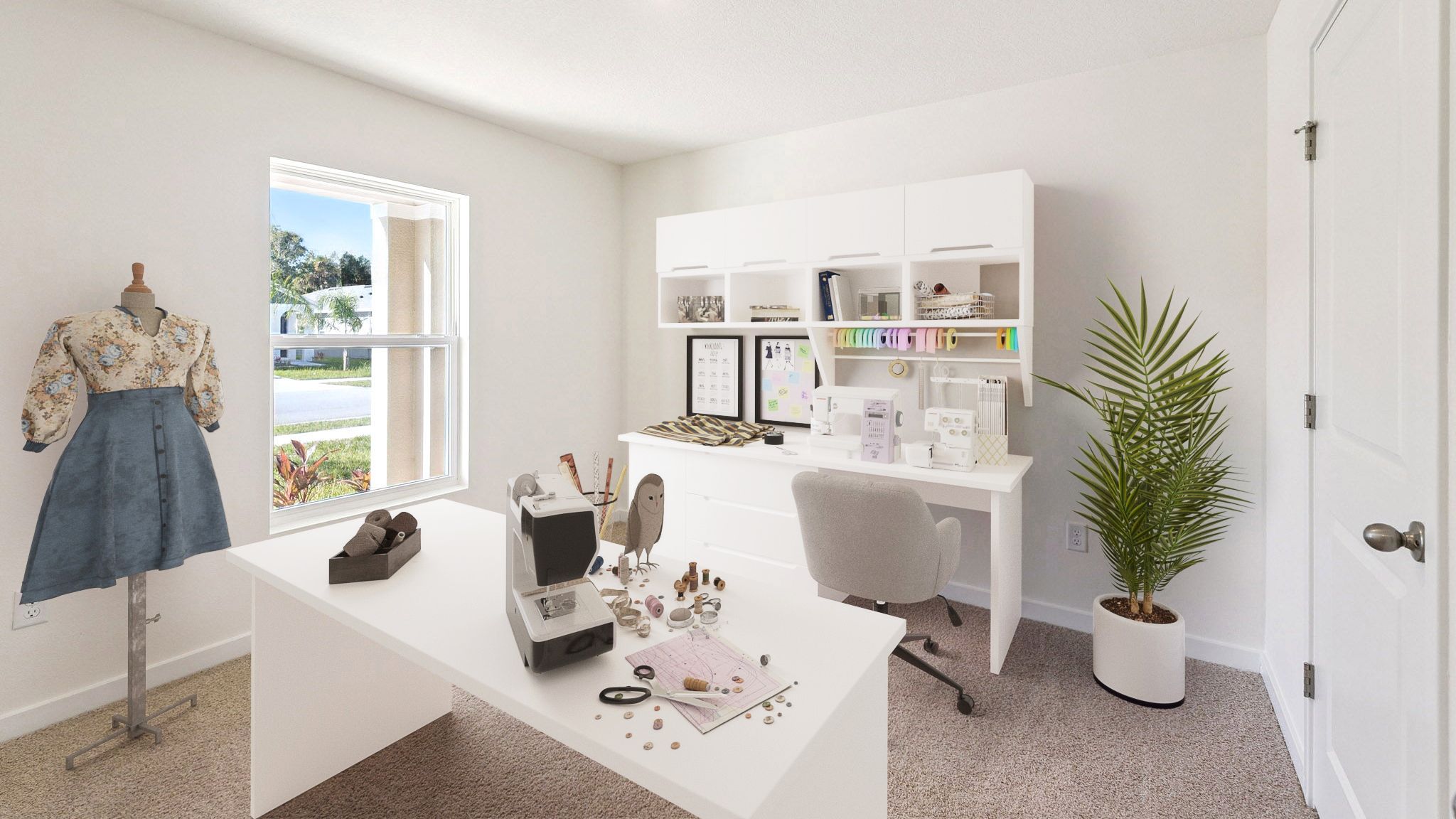 Spacious primary bedroom with king size bed, carpet flooring, natural lighting.
